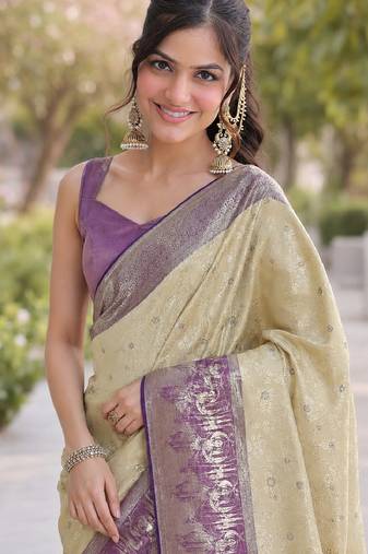 Cream soft silk banarasi jacuard work designer party wear saree with unstitched blouse piece