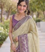 Cream silk blend banarasi saree with unstitched blouse piece