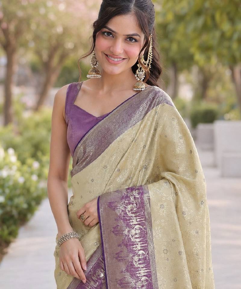 Cream soft silk banarasi jacuard work designer party wear saree with unstitched blouse piece