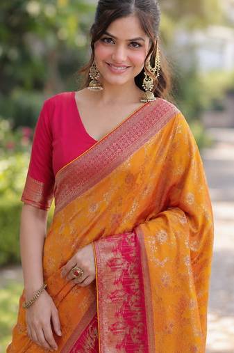 Masturd yellow soft silk banarasi jacuard work designer party wear saree with unstitched blouse piece