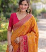 Masturd yellow silk blend banarasi saree with unstitched blouse piece
