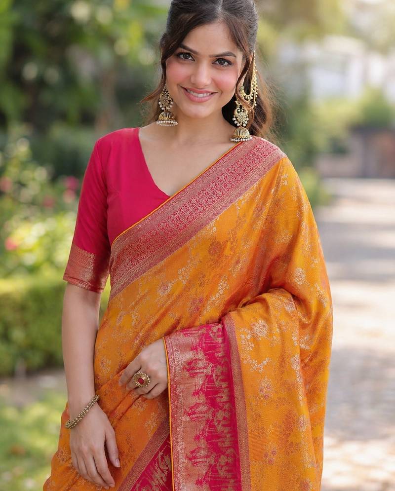 Masturd yellow soft silk banarasi jacuard work designer party wear saree with unstitched blouse piece
