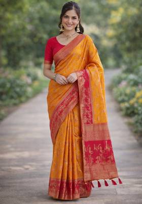 Masturd yellow silk blend banarasi saree with unstitched blouse piece 3