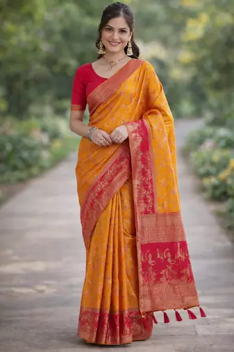 Masturd yellow silk blend banarasi saree with unstitched blouse piece