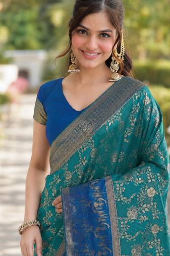 Rama soft silk banarasi jacuard work designer party wear saree with unstitched blouse piece