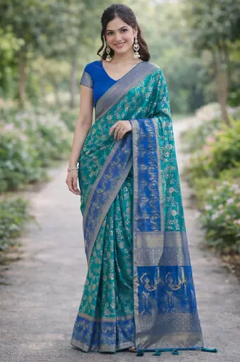 Rama silk blend banarasi saree with unstitched blouse piece