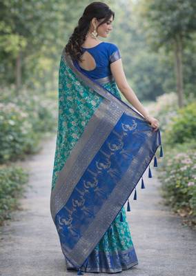 Rama silk blend banarasi saree with unstitched blouse piece 4