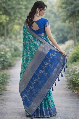 Rama silk blend banarasi saree with unstitched blouse piece