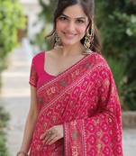 Pink silk blend banarasi saree with unstitched blouse piece