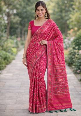 Pink silk blend banarasi saree with unstitched blouse piece 3