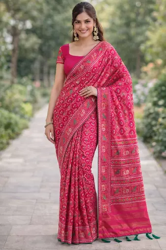 Pink silk blend banarasi saree with unstitched blouse piece