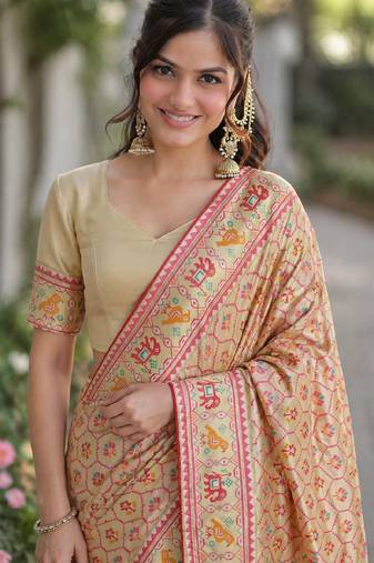 Cream soft silk banarasi jacuard work designer party wear saree with unstitched blouse piece