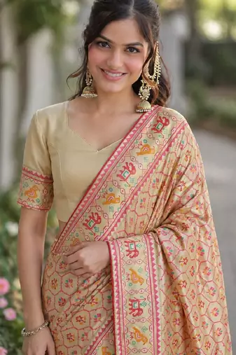 Cream soft silk banarasi jacuard work designer party wear saree with unstitched blouse piece