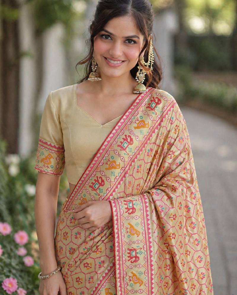 Cream soft silk banarasi jacuard work designer party wear saree with unstitched blouse piece