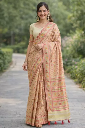 Cream silk blend banarasi saree with unstitched blouse piece