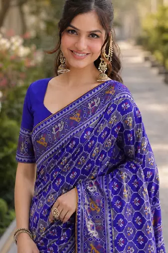 Royal blue silk blend banarasi saree with unstitched blouse piece