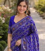 Royal blue silk blend banarasi saree with unstitched blouse piece