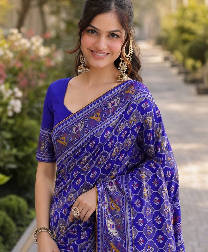 Royal blue soft silk banarasi jacuard work designer party wear saree with unstitched blouse piece