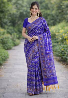 Royal blue silk blend banarasi saree with unstitched blouse piece 3