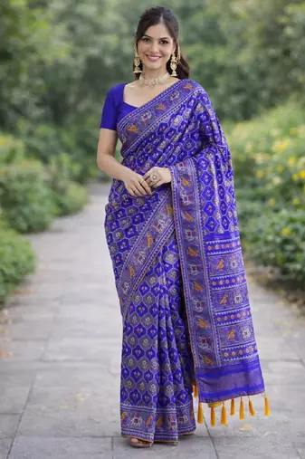 Royal blue silk blend banarasi saree with unstitched blouse piece