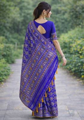 Royal blue silk blend banarasi saree with unstitched blouse piece 4
