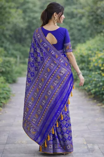 Royal blue silk blend banarasi saree with unstitched blouse piece