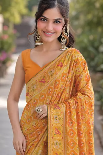 Yellow orange silk blend banarasi saree with unstitched blouse piece