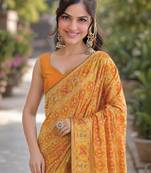 Yellow orange silk blend banarasi saree with unstitched blouse piece