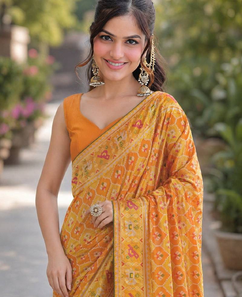 Yellow orange soft silk banarasi jacuard work designer party wear saree with unstitched blouse piece
