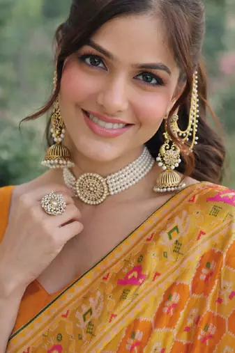 Yellow orange silk blend banarasi saree with unstitched blouse piece