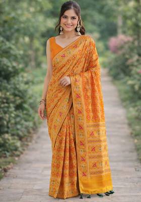 Yellow orange silk blend banarasi saree with unstitched blouse piece 3