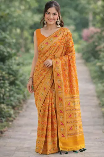 Yellow orange silk blend banarasi saree with unstitched blouse piece