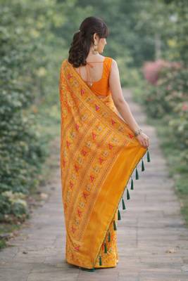 Yellow orange silk blend banarasi saree with unstitched blouse piece 4