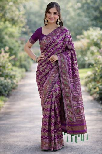 Purple soft silk banarasi jacuard work designer party wear saree with unstitched blouse piece