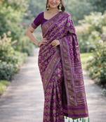 Purple silk blend banarasi saree with unstitched blouse piece