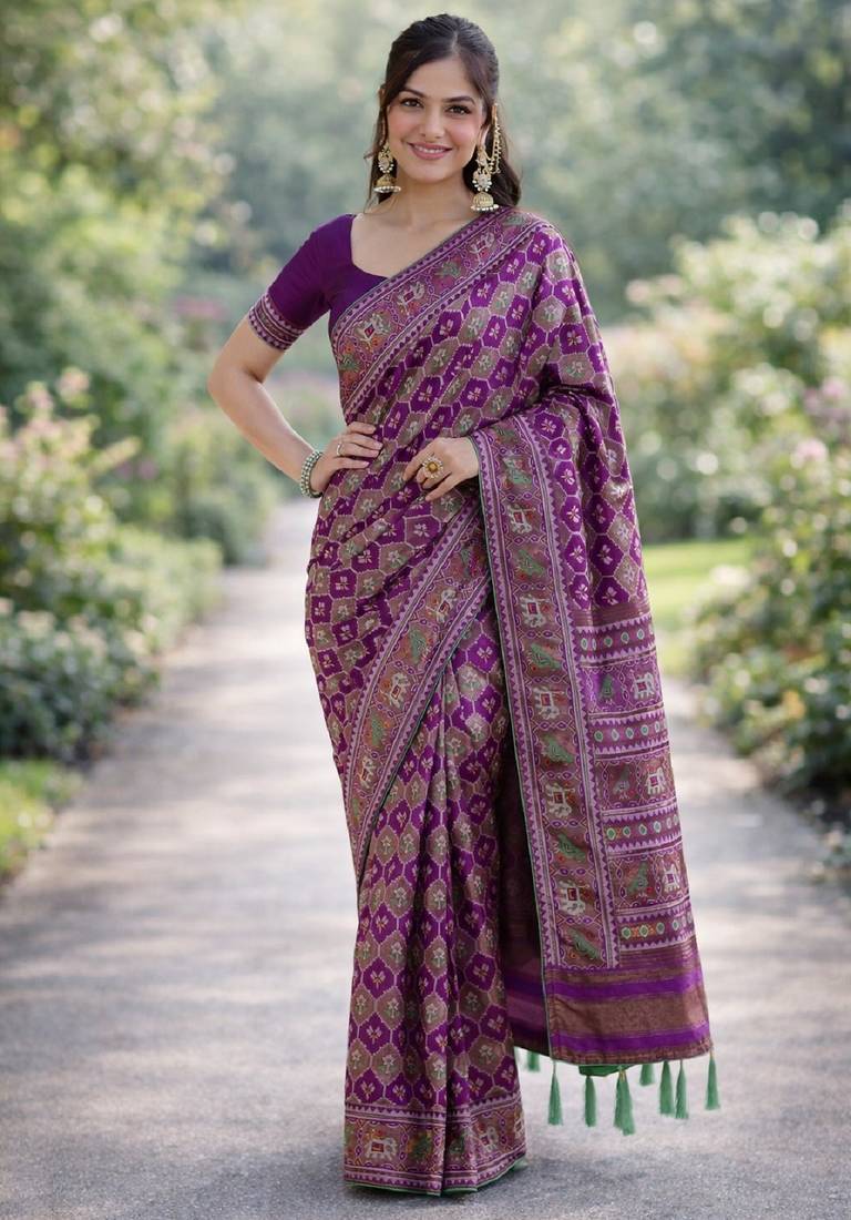Purple soft silk banarasi jacuard work designer party wear saree with unstitched blouse piece