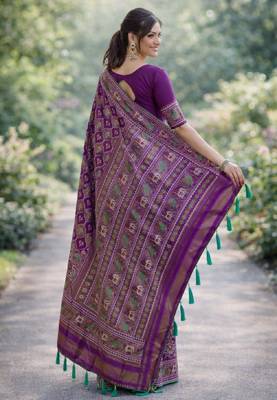 Purple silk blend banarasi saree with unstitched blouse piece 4