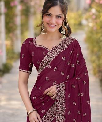 Wine georgette embroidery saree with unstitched blouse piece 2