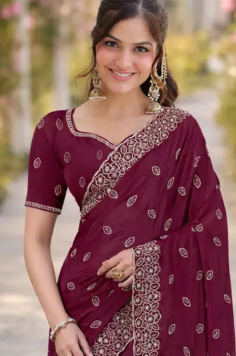 Wine georgette embroidery saree with unstitched blouse piece