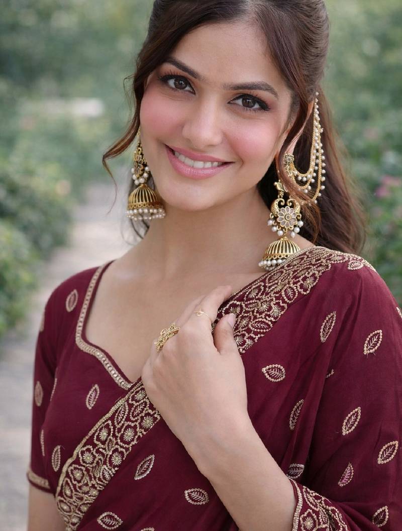 Wine soft georgette embroidery work designer party wear saree with unstitched blouse piece