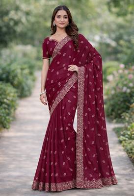 Wine georgette embroidery saree with unstitched blouse piece 3