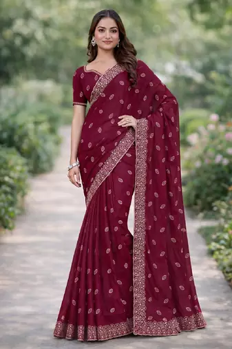 Wine georgette embroidery saree with unstitched blouse piece