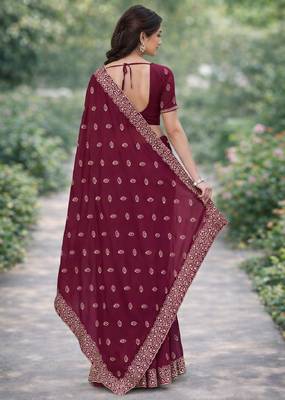 Wine georgette embroidery saree with unstitched blouse piece 4