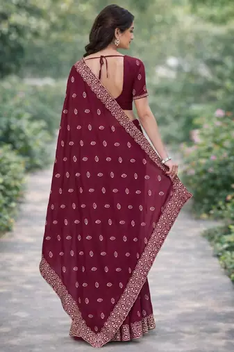 Wine georgette embroidery saree with unstitched blouse piece