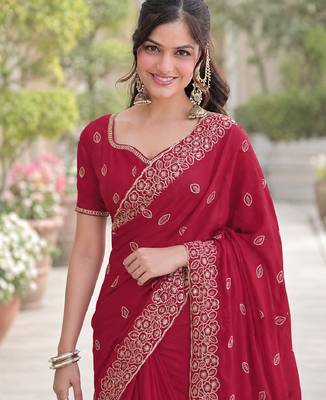 Pink georgette embroidery saree with unstitched blouse piece 2