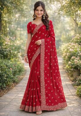 Pink georgette embroidery saree with unstitched blouse piece 1
