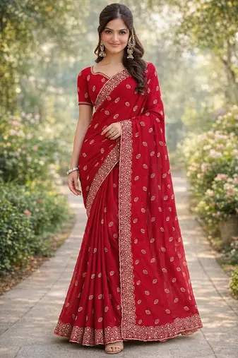 Pink georgette embroidery saree with unstitched blouse piece
