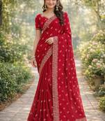Pink georgette embroidery saree with unstitched blouse piece