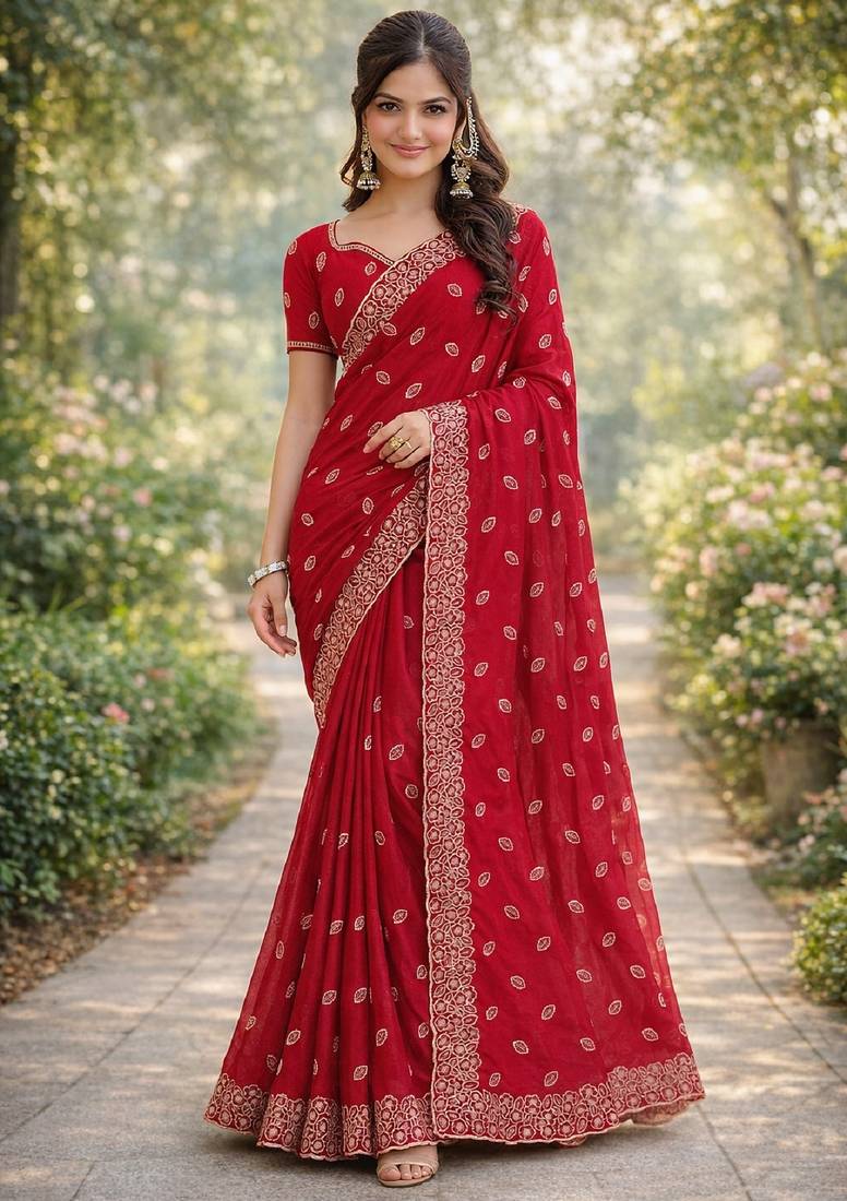 Pink soft georgette embroidery work designer party wear saree with unstitched blouse piece