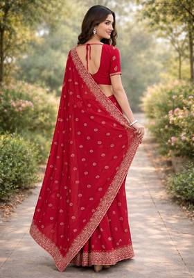 Pink georgette embroidery saree with unstitched blouse piece 4